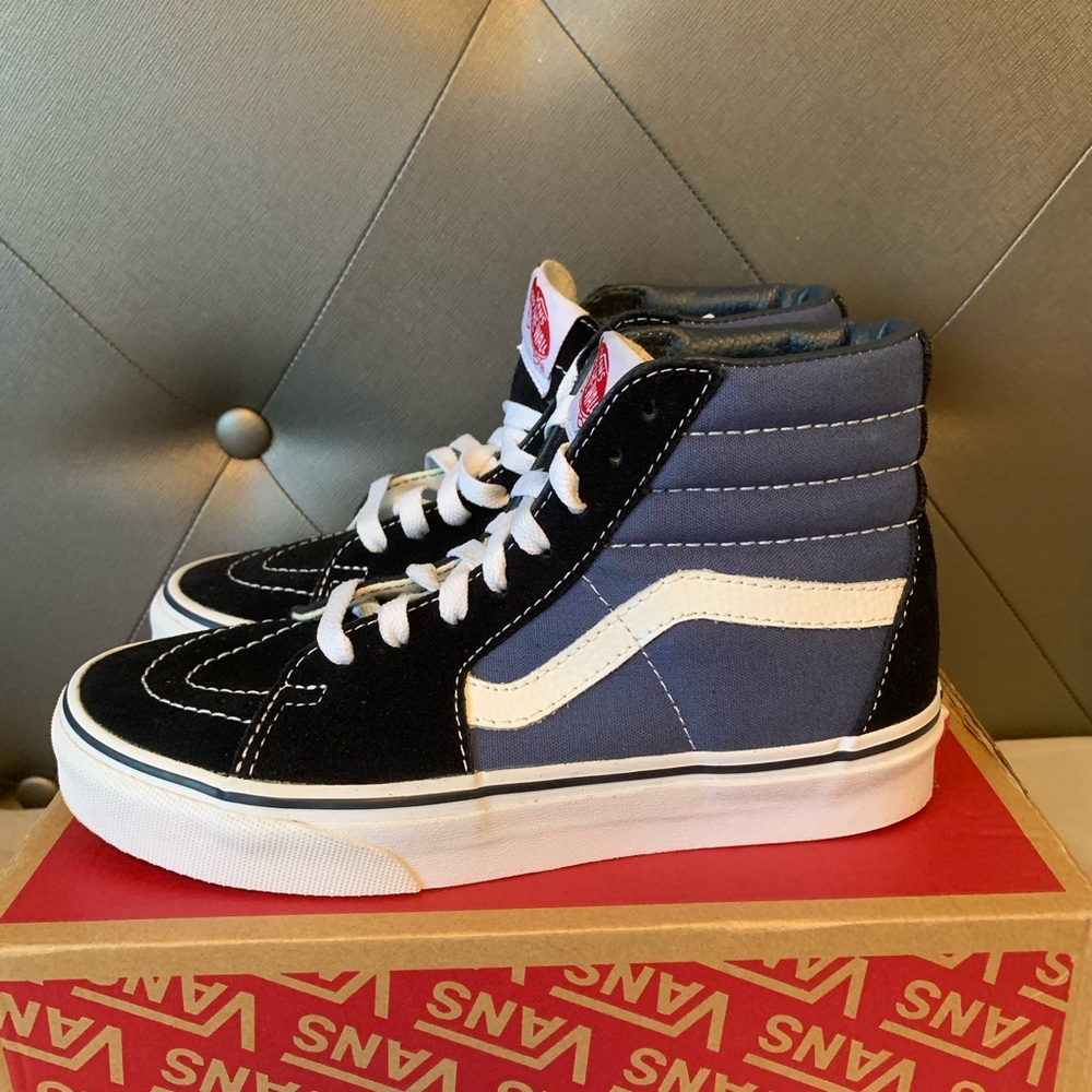 Navy Blue and Black High Top Vans